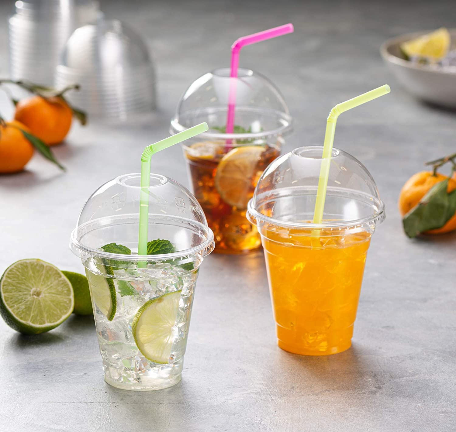 Crystal Clear Disposable Plastic Cups 16 oz 100 sets - Cups with Round Lids & Colorful Straws