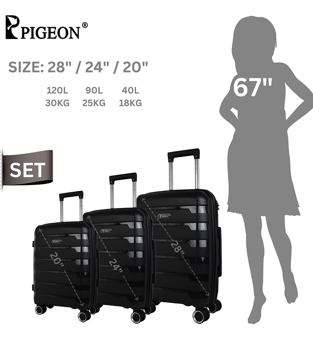 PIGEON New black Luggage 20/24/28 Inch PP with protector