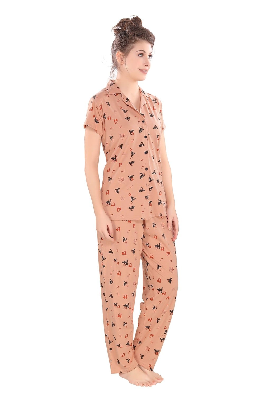 Pierre Donna Women's Cotton Pajama set With Pants - Women Sleepwear Beige Color AVL - Dealz Souq