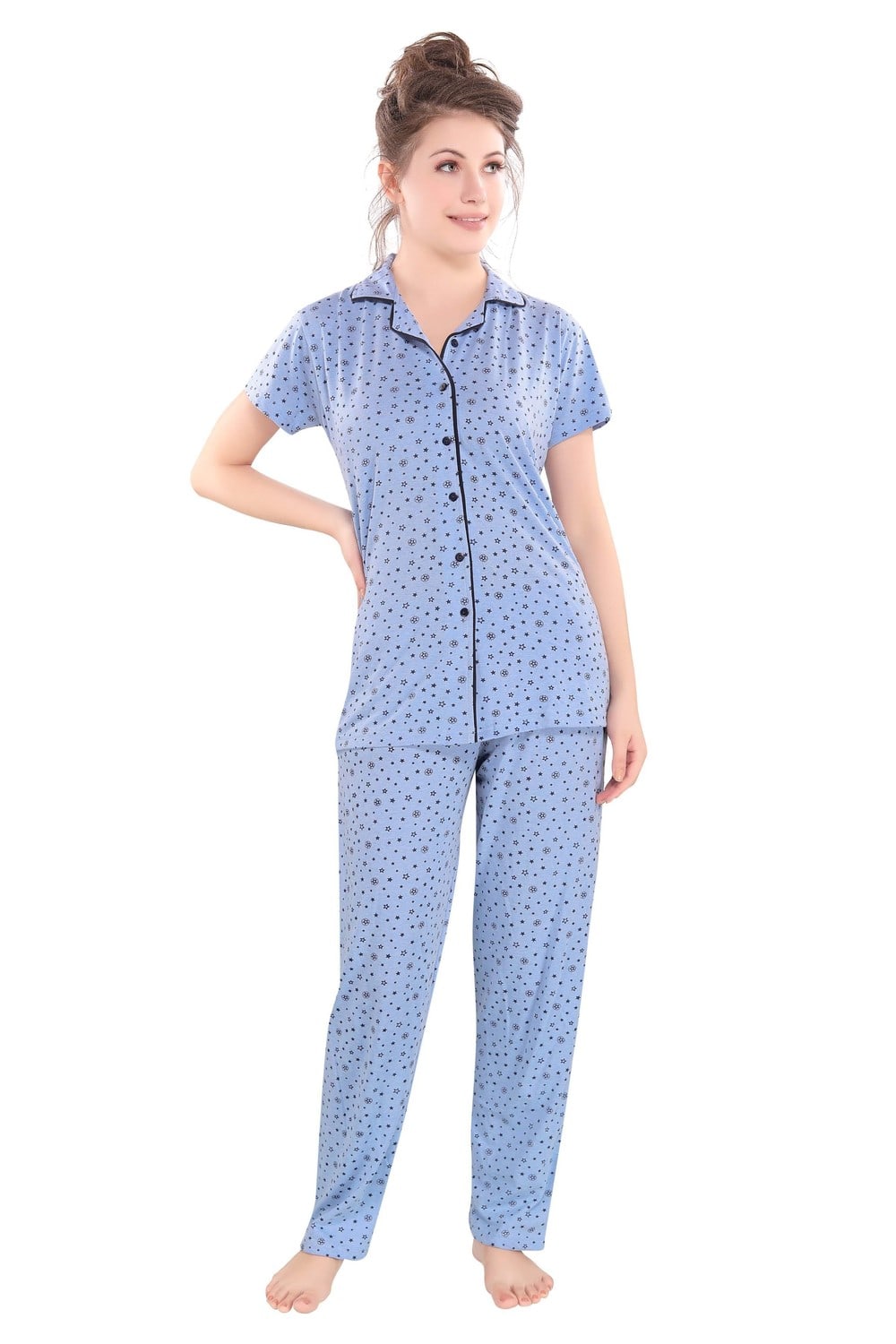 Pierre Donna Women's Cotton Pajama set With Pants - Women Sleepwear Blue Color AVL - Dealz Souq