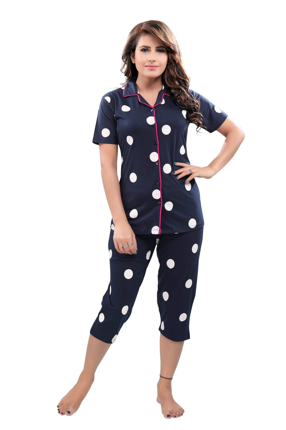 Pierre Donna Women's Cotton Pajama set With Pants - Women Sleepwear Navy Blue Color AVL - Dealz Souq